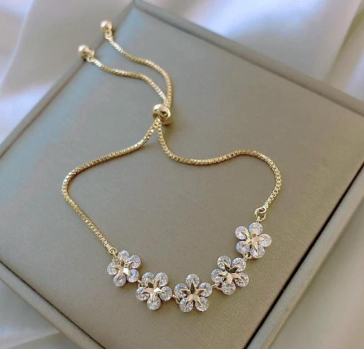 Gold Plated Rhinestone Flower Bracelet For Women