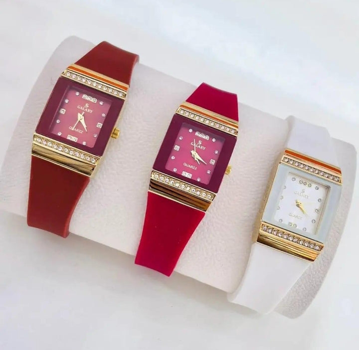 Girl's Red silicone Diamond watch witch gold case