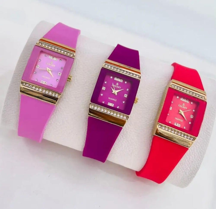 Girl's Red silicone Diamond watch witch gold case