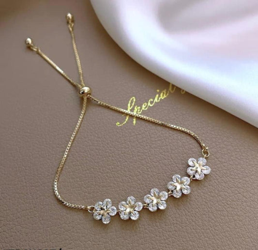 Gold Plated Rhinestone Flower Bracelet For Women