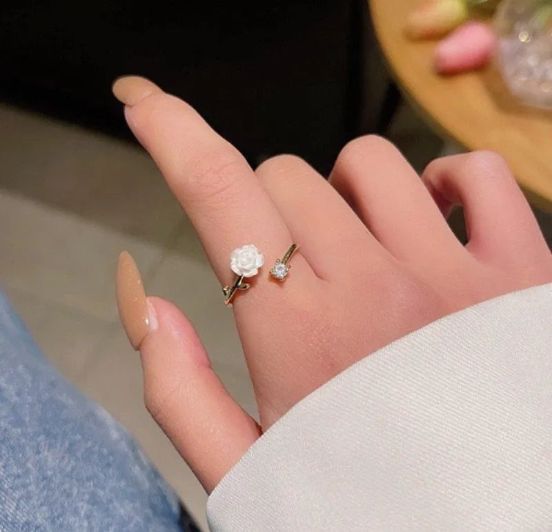 Gold Plated Adjustable Flower Ring off white