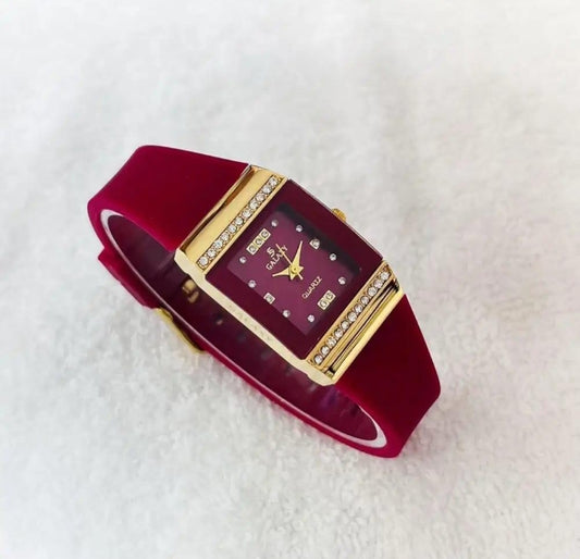 Girl's Red silicone Diamond watch witch gold case